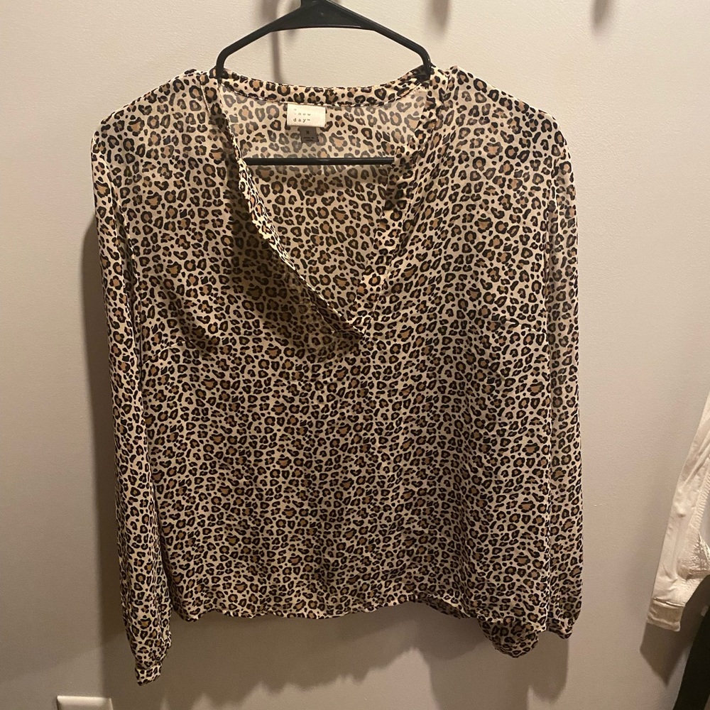 A new day v neck blouse, leopard print, size M